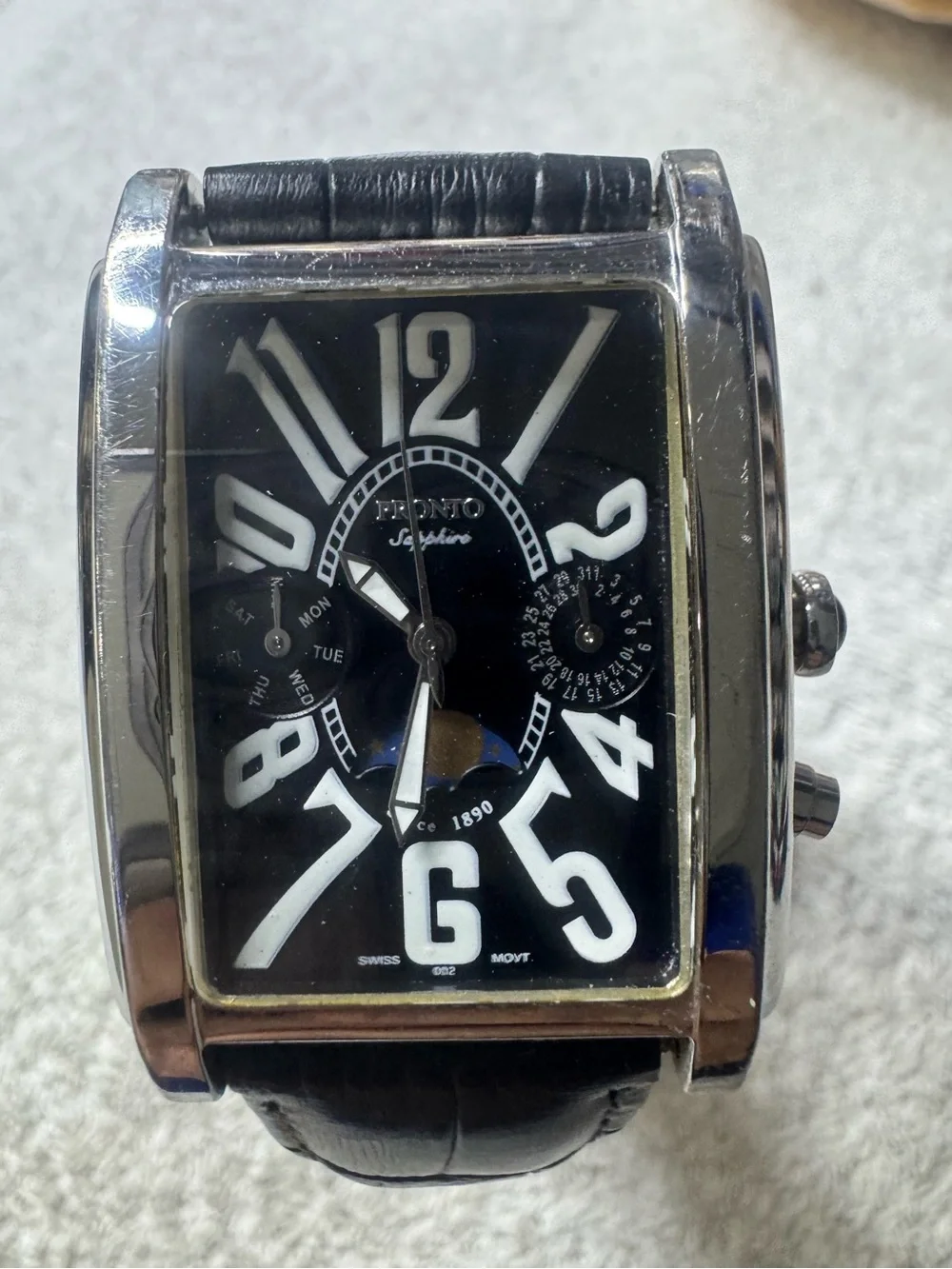 Pronto Sapphire Black Dial Leather Strap Watch